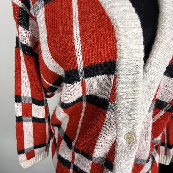 90s Vintage Plaid Wool-Blend Knit Cardigan Sweater Red Black White, Size Medium - Picture 6 of 11